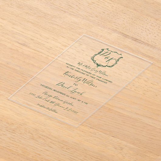 Monogrammed Crest Forest Green Wedding Acryl Uitnodigingen (Laagn)