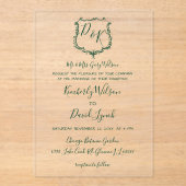 Monogrammed Crest Forest Green Wedding Acryl Uitnodigingen (Voorkant)