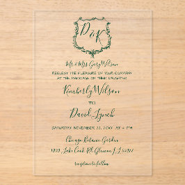 Monogrammed Crest Forest Green Wedding Acryl Uitnodigingen