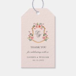 Monogrammed Crest met bloemen bruiloft Cadeaulabel