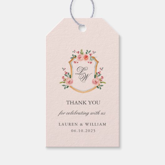 Monogrammed Crest met bloemen bruiloft Cadeaulabel (Voorkant)