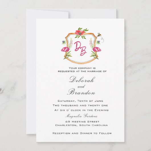 Monogrammed Crest met Flowers Wedding Uitnodiging (Voorkant)
