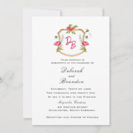 Monogrammed Crest met Flowers Wedding Uitnodiging