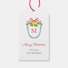 Monogrammed Crest met Lemons Merry Kerstmis Cadeaulabel