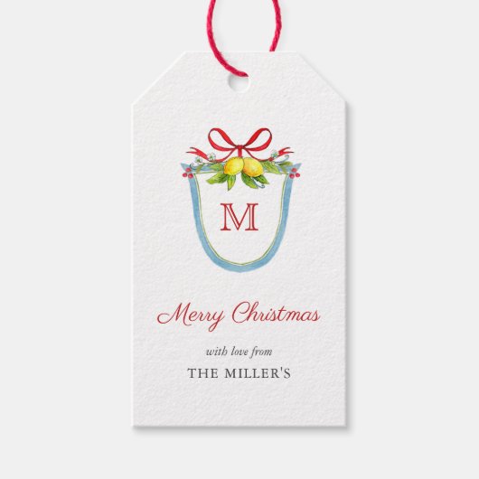 Monogrammed Crest met Lemons Merry Kerstmis Cadeaulabel (Voorkant)