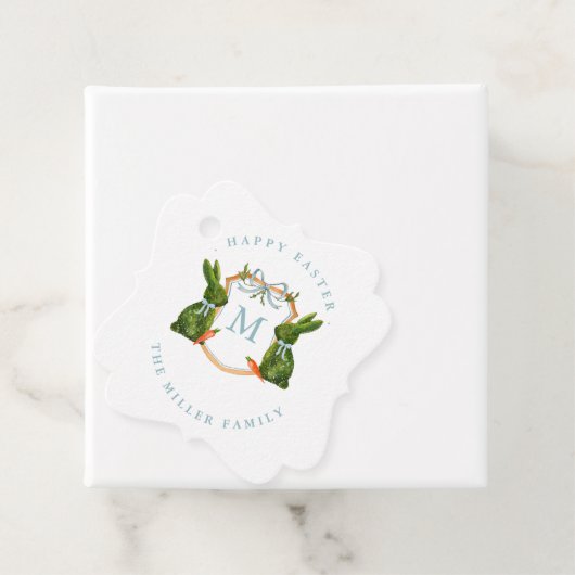 Monogrammed Crest Topiary Bunny Pasen Bedankjes Labels (In situ)