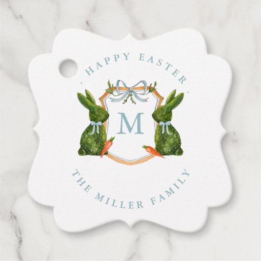 Monogrammed Crest Topiary Bunny Pasen Bedankjes Labels (Voorkant)
