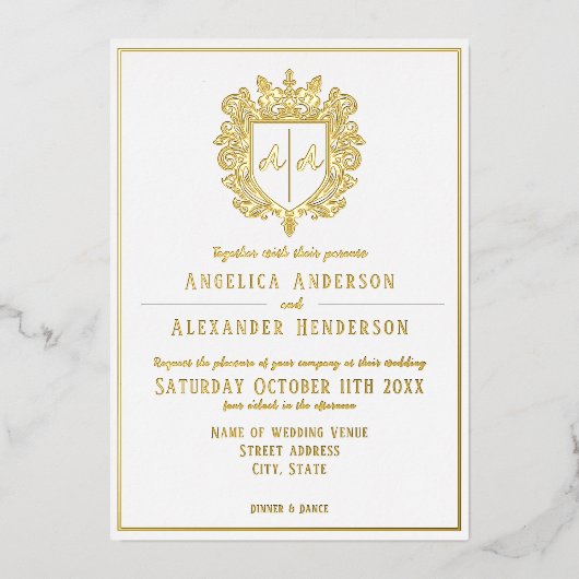 Monogrammed Crest Wedding Folie Uitnodiging (Voorkant)