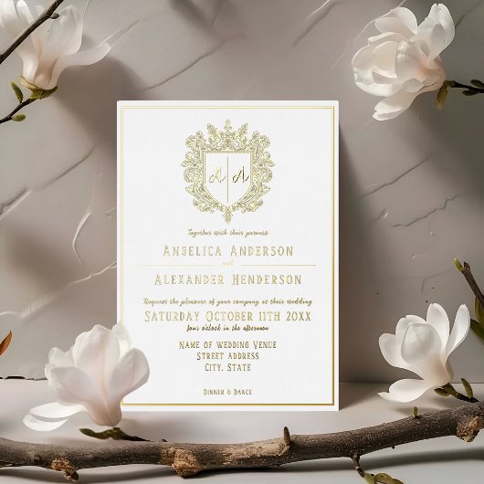 Monogrammed Crest Wedding Folie Uitnodiging