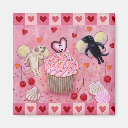 Monogrammed Cupcake en Lab Fairies Harten Magneet (Voorkant)