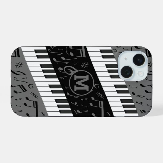 Monogrammed curve piano toetsen en muzieknoten iPhone 15 case (Achterkant horizontaal)