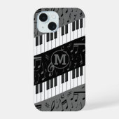 Monogrammed curve piano toetsen en muzieknoten iPhone 15 case (Achterkant)