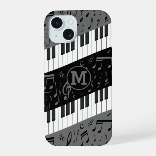 Monogrammed curve piano toetsen en muzieknoten iPhone 15 case (Achterkant)