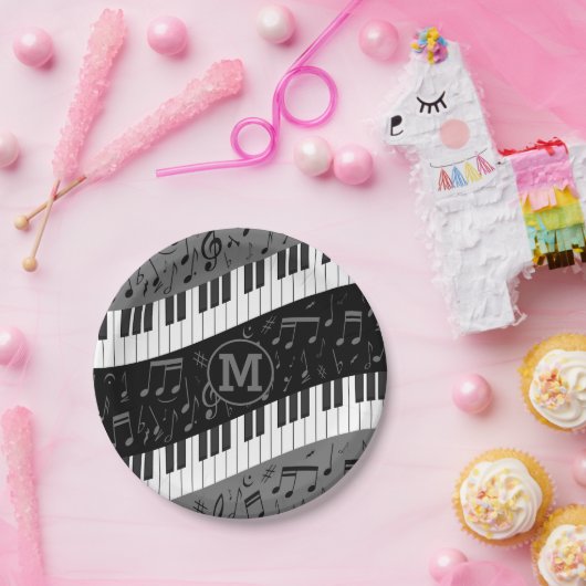 Monogrammed curve piano toetsen en muzieknoten papieren bordje (Feest)