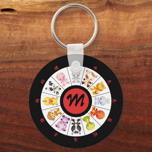 Monogrammed Cute Chinese Zodiac Circle Sleutelhang Sleutelhanger (Voorkant)