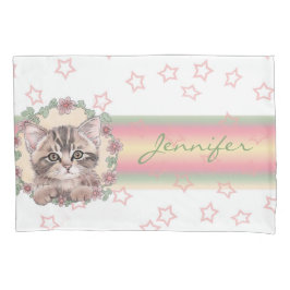 Monogrammed Cute Kitten Floral Pink Star Kussensloop