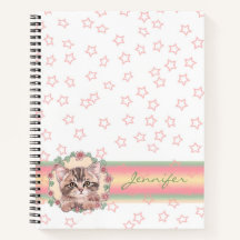 Monogrammed Cute Kitten Floral Pink Star