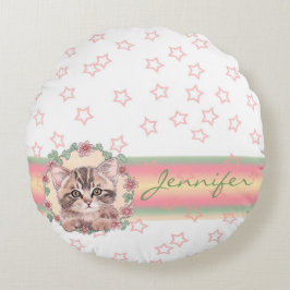 Monogrammed Cute Kitten Floral Pink Star Rond Kussen