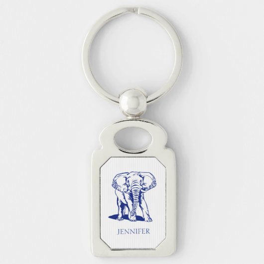Monogrammed Cute Navy Blue Elephant Line Drawing Sleutelhanger (Voorkant)