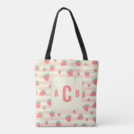 Monogrammed Cute Strawberries + Cream Pattern Tote Bag (Achterkant)