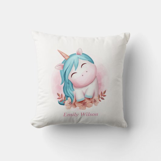 Monogrammed Cute Waterverf Smiling Unicorn Kussen (Voorkant)