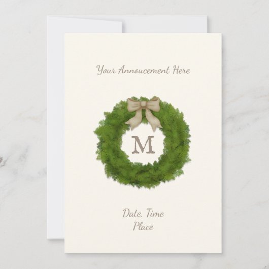 Monogrammed Cypress Evergreen Wreath Personalized Aankondiging (Voorkant)