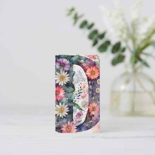 Monogrammed D Daisy Bloemen Waterverf QR Code Logo Visitekaartje (Staand voorkant)