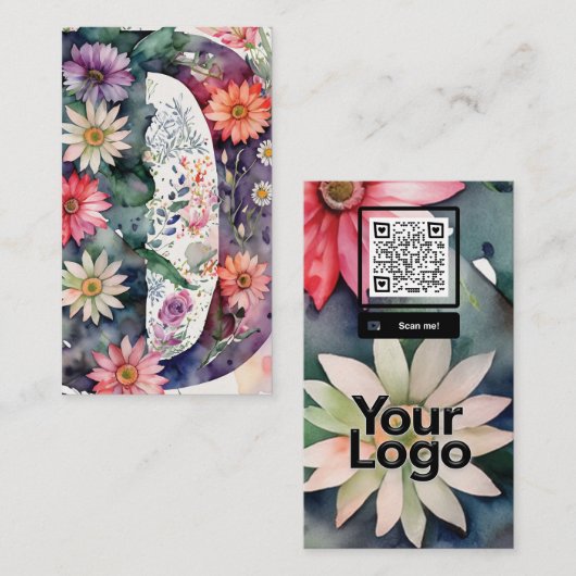 Monogrammed D Daisy Bloemen Waterverf QR Code Logo Visitekaartje (Voorkant / Achterkant)