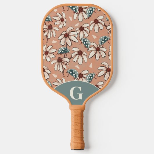 Monogrammed Daisies en Ladybugs-perzik en blauwgro Pickleball Paddle (Voorkant)