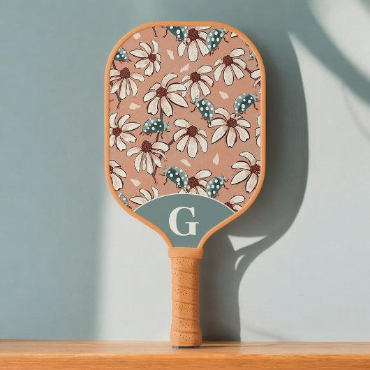 Monogrammed Daisies en Ladybugs-perzik en blauwgro Pickleball Paddle