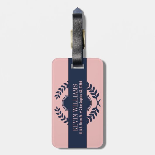 Monogrammed Dark Blue & Pink Wreatcrest Bagagelabel (Achterkant verticaal)