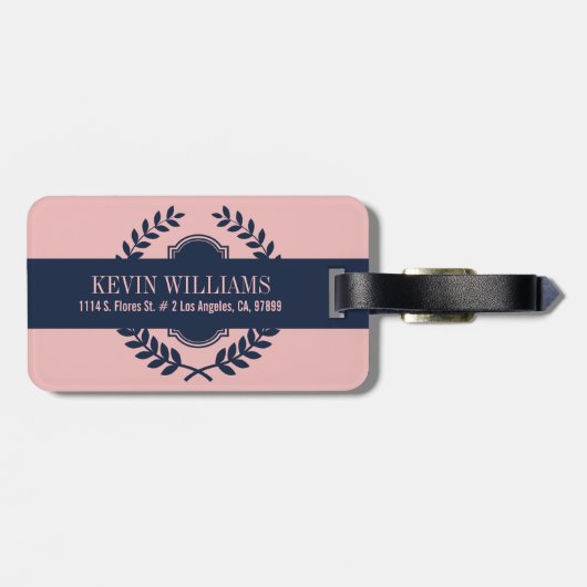 Monogrammed Dark Blue & Pink Wreatcrest Bagagelabel (Achterkant horizontaal)