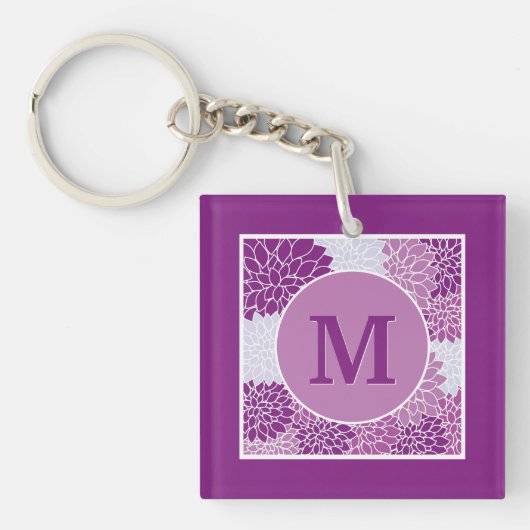 Monogrammed Dark Paars Floral Pattern Sleutelhanger (Voorkant)