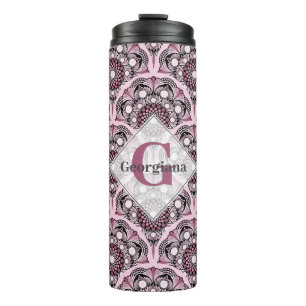 Monogrammed Deco Dusky Roos Cherry Blossom Mandala Thermosbeker
