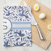Monogrammed Delft Blue Birds & Leaf Pattern Theedoek (Quarter Fold)