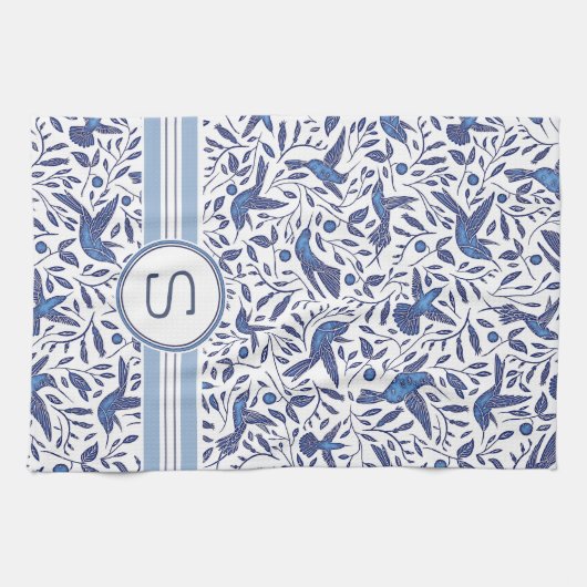 Monogrammed Delft Blue Birds & Leaf Pattern Theedoek (Horizontaal)