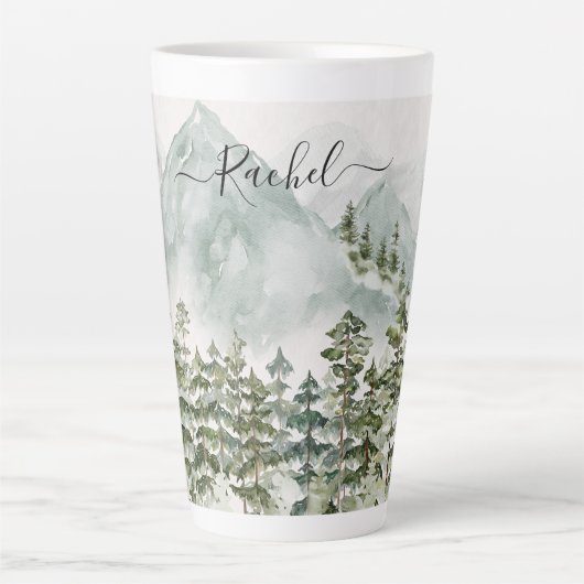 Monogrammed dennenbos en bergen latte mok (Voorkant)