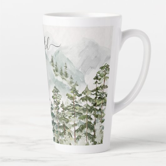 Monogrammed dennenbos en bergen latte mok (Rechts)