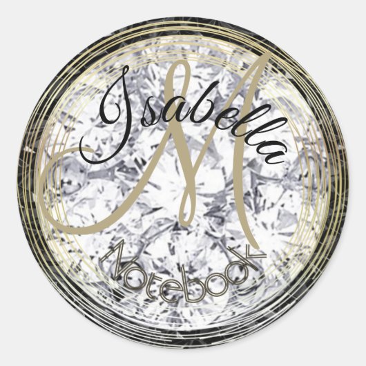Monogrammed diamant en zwart kristal ronde sticker (Voorkant)