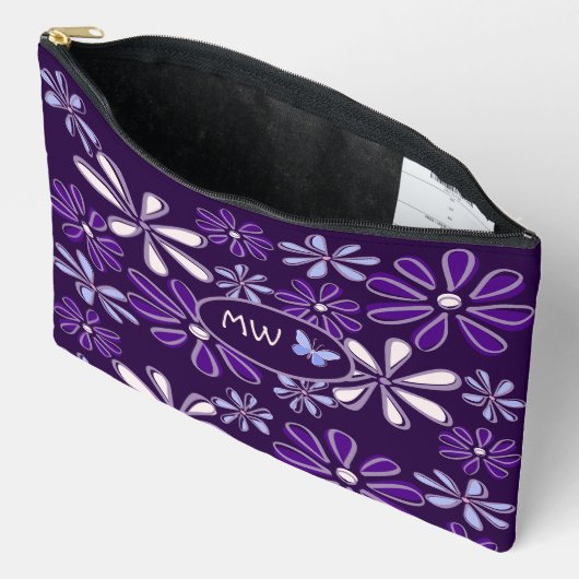 Monogrammed Donker Violet Bloem Vlinder Doodle Etui (Open)