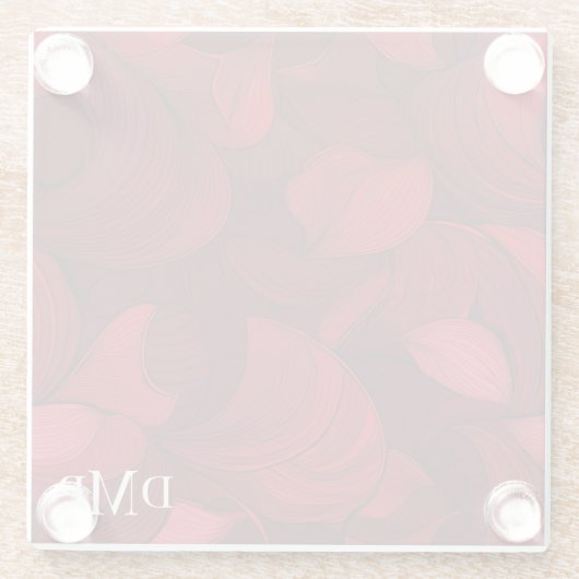 Monogrammed donkerrood Abstract bladpatroon Glazen Onderzetter (Achterkant)