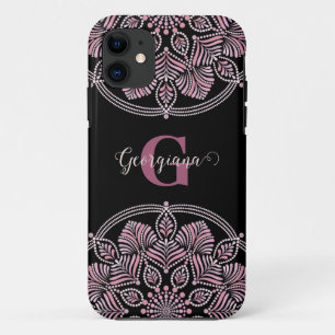 Monogrammed Dusky Roos Bloemen Fronds Dot Mandala Case-Mate iPhone Case