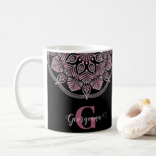 Monogrammed Dusky Roos Bloemen Fronds Dot Mandala Koffiemok