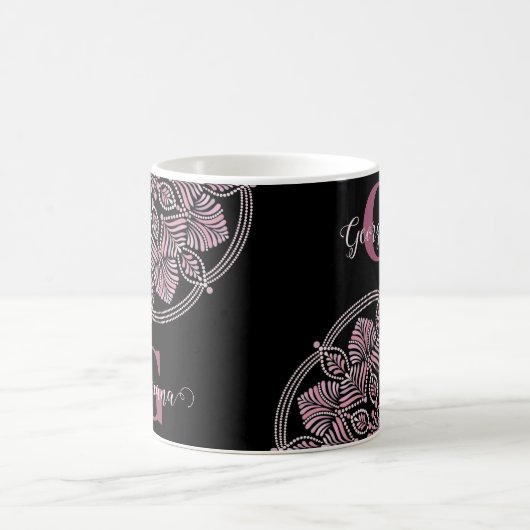 Monogrammed Dusky Roos Bloemen Fronds Dot Mandala Koffiemok (Center)