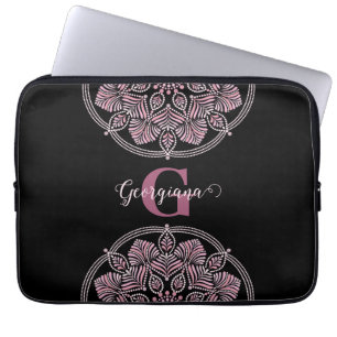 Monogrammed Dusky Roos Bloemen Fronds Dot Mandala Laptop Sleeve