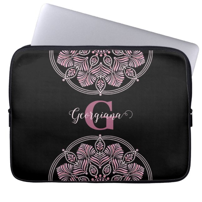 Monogrammed Dusky Roos Bloemen Fronds Dot Mandala Laptop Sleeve (Voorkant)