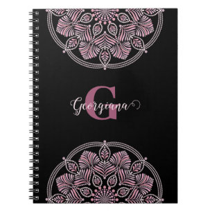 Monogrammed Dusky Roos Bloemen Fronds Dot Mandala Notitieboek