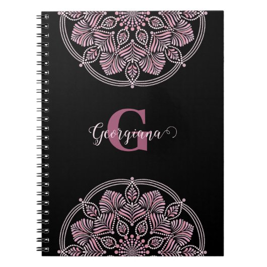 Monogrammed Dusky Roos Bloemen Fronds Dot Mandala Notitieboek (Voorkant)