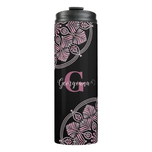 Monogrammed Dusky Roos Bloemen Fronds Dot Mandala Thermosbeker (Voorkant)