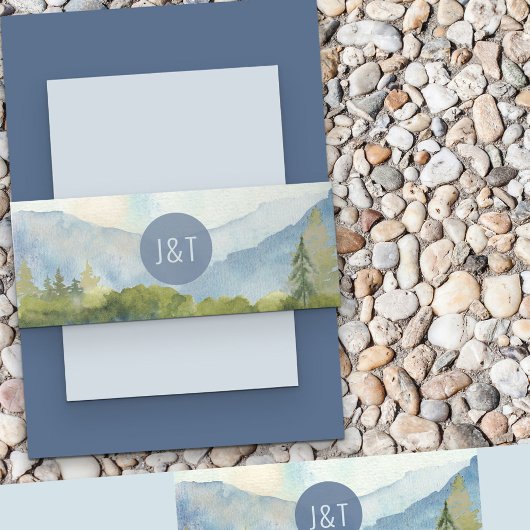 Monogrammed Dusty Blue Mountain Wedding Uitnodigingen Wikkel